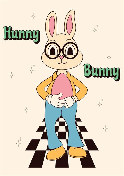 Groovy Hippie Happy Easter Posters Easter Bunny Vector Card In Trendy