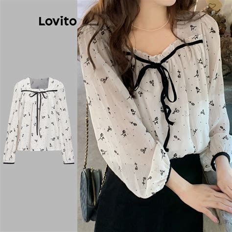 Lovito Women Casual Ditsy Floral Pattern Lace Up Colorblock Blouse