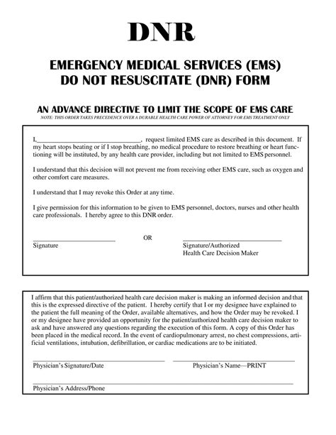 Free Printable Do Not Resuscitate Dnr Order Form Pdf Word