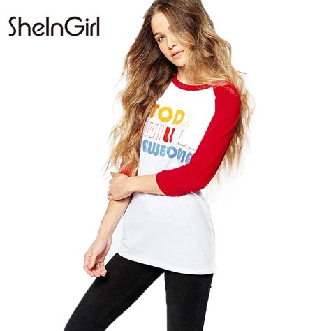 Sheingirl Fashion T Shirt Women Casual Letter Print Patchwork O Neck