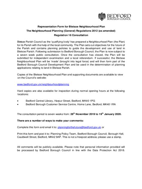 Fillable Online Representation Form For Bletsoe Neighbourhood Plan Fax