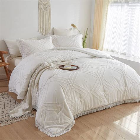 OARAGE Boho White Comforter Set Queen 3 Piece Tassel Geometric Textured