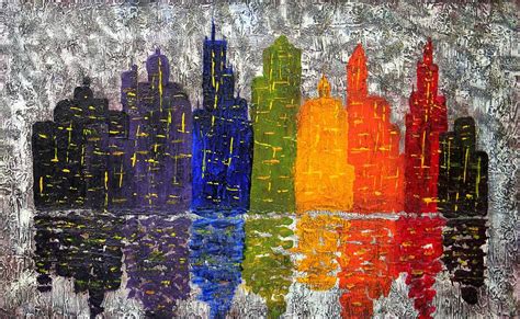 Night Cityscape Reflections Original Palette Knife Painting Painting By