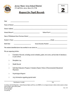 Fillable Online Jsasd K12 Pa Request For Pupil Records Jsasd K12 Pa