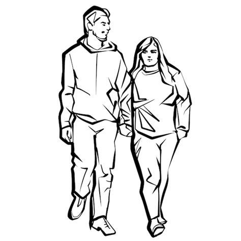 Mulher e homem em uma caminhada esboço do jovem casal desenho de tinta ...