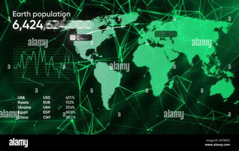 Graph of earth's population. Motion. Animated world map with moving lines and graphs. 3D ...