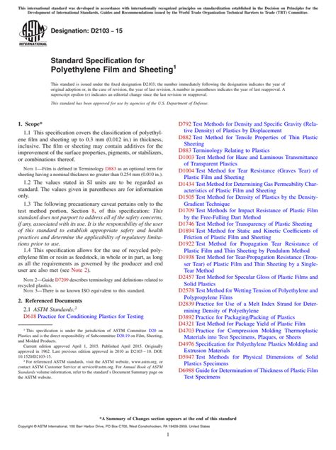 ASTM D2103 15 Standard Specification For Polyethylene Film And Sheeting