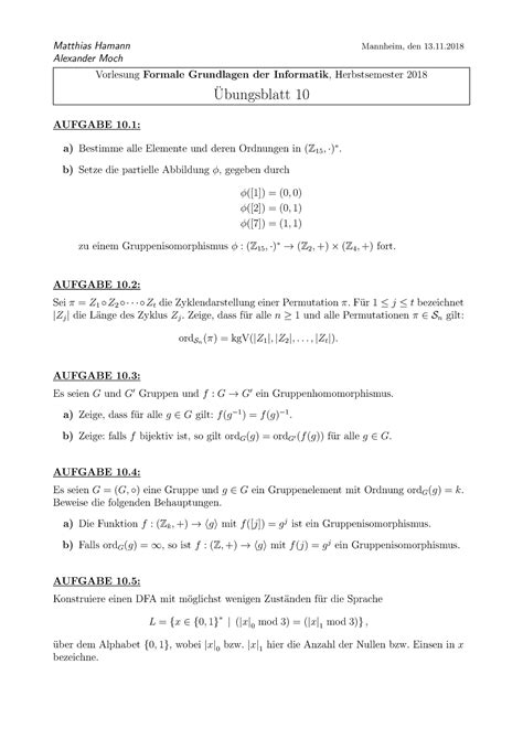 Blatt 10 Übungsaufgaben von Formale Grundlagen der Informatik