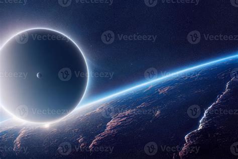 3d Rendering Of An Earth Like Planet With Moon In Space Sci Fi