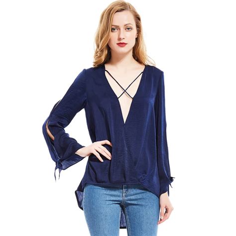 Usualyeah Navy Blue Sexy Cross Deep V Neck Women Blouse And Tops Split