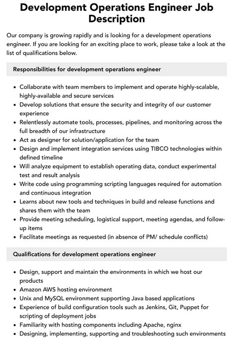 Development Operations Engineer Job Description | Velvet Jobs