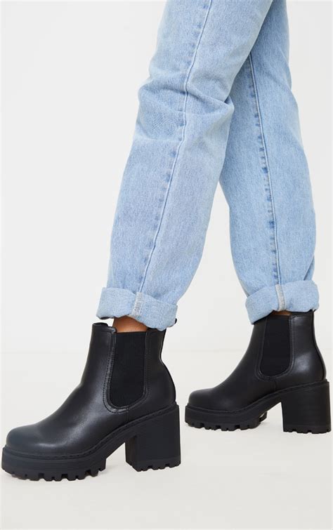 Black Wide Fit Chunky Heeled Chelsea Boot Prettylittlething Usa