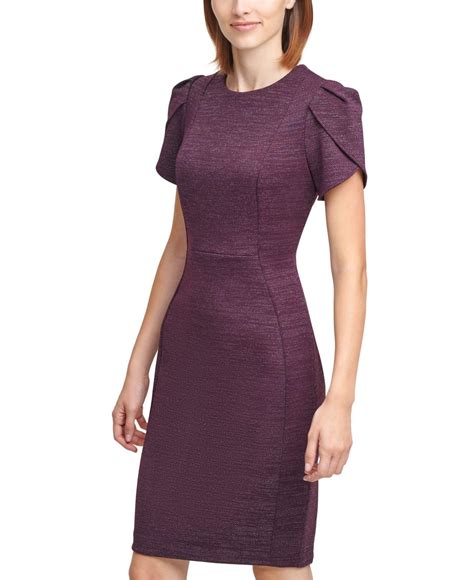 Calvin Klein Synthetic Glitter Tulip Sleeve Sheath Dress In Purple Lyst