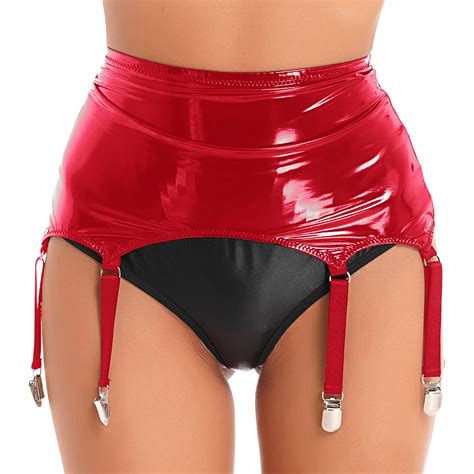 Womens Shiny Patent Leather Garters With Four Metal Clips Lingerie Sexy Pole Dance Nightclub