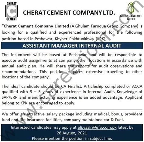 Cherat Cement Company Ltd Jobs Assistant Manager Internal Audit