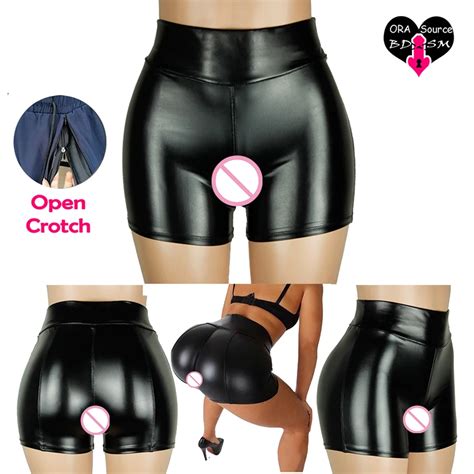 Woman Sexy Crotchless Mini Shorts Pu Leather Open Crotch Pants Outdoor