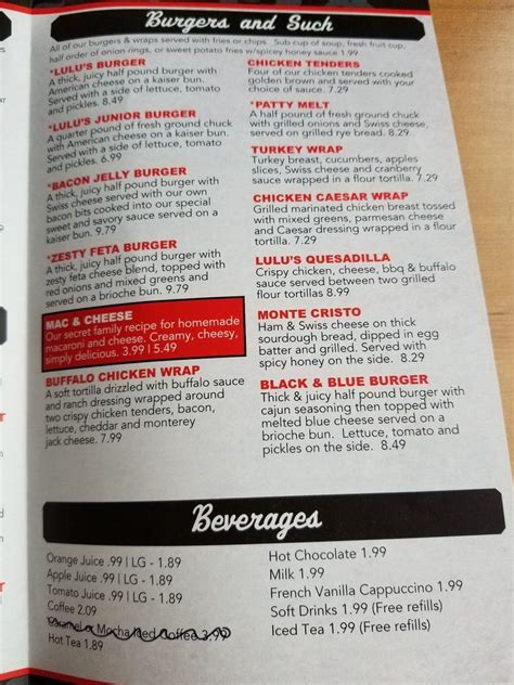 Menu at LuLu's Diner restaurant, Lima, Bellefontaine Ave