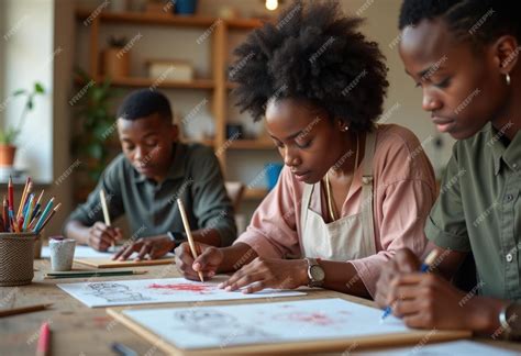 Three people are sitting at a table drawing on paper with pencils ...