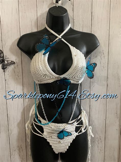 White Crochet Bikini Blue Butterfly Rhinestone Festival Rave Set Glow In The Dark Etsy