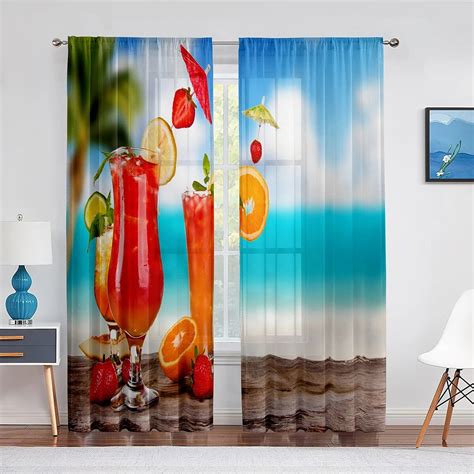 Tropical Cocktail Coconut Close Up Beach Sheer Curtain Living Room