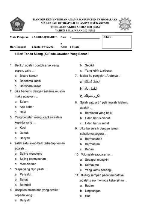 Soal Soal Akhlaq Hadits Pas Kelas Mi Kantor Kementerian Agama