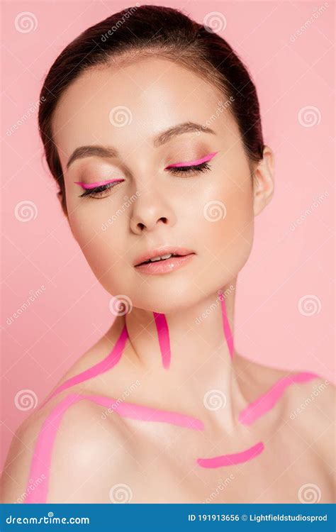 Naked Beautiful Woman With Pink Lines Stock Photo Image Of Caucasian Naked