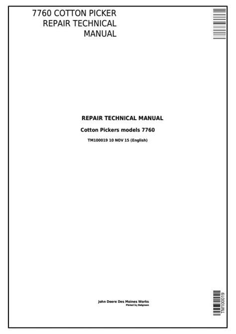 John Deere 7760 Cotton Picker Repair Technical Service Manual TM100019