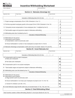 Fillable Online Revenue Ne Incentive Withholding Worksheet Nebraska