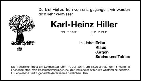 Traueranzeigen Von Karl Heinz Hiller Trauernnde