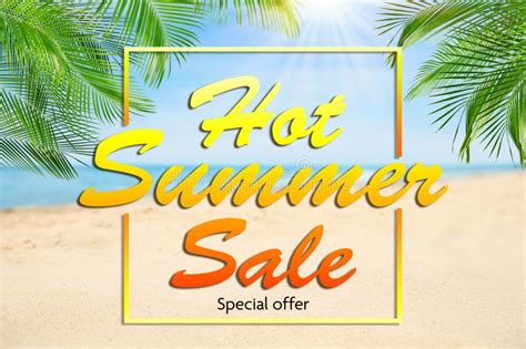 Hot Summer Sale Flyer Design Beautiful View On Sandy Beach Near Sea And Text Stock Photo