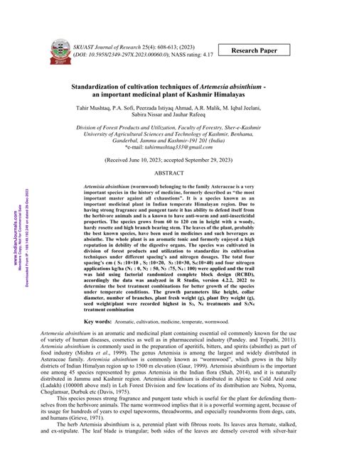 PDF Standardization Of Cultivation Techniques Of Artemesia Absinthium