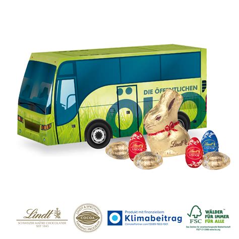 3D Präsent Bus mit Lindt Goldhase und Schoko Eier Klimaneutral FSC