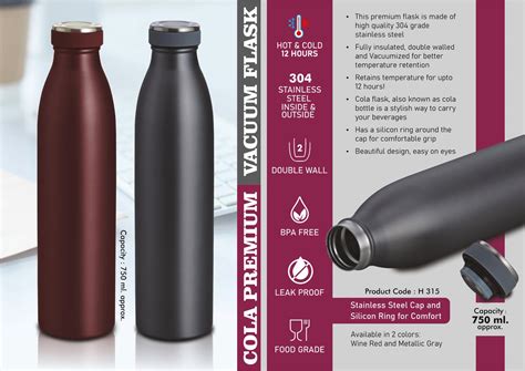 H315 Cola Premium Vacuum Flask 304 Steel Inside Outside Capacity 750ml 12 Hours Hot
