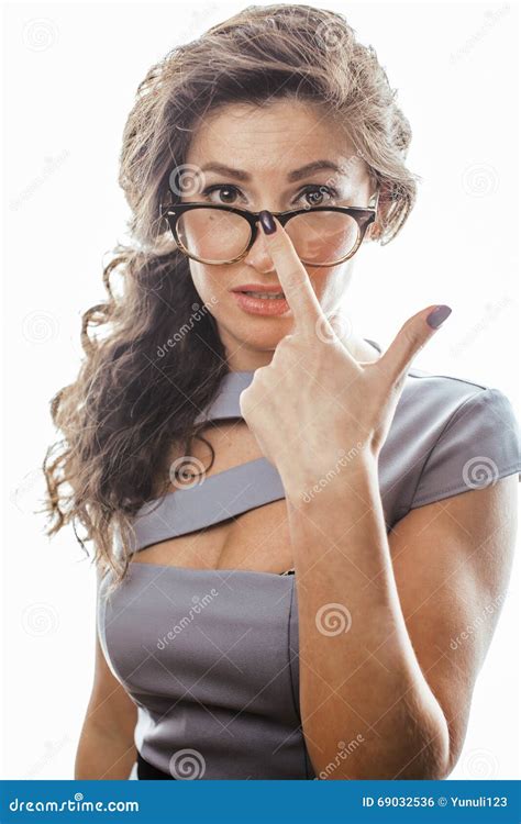 Young Pretty Real Brunette Woman Secretary In Dress Wearing Glasses