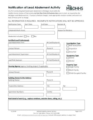 Fillable Online Notification Of Lead Abatement Activity Form Michigan