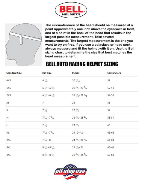 Bell Auto Racing Helmet Sizing Chart Pit Stop Usa