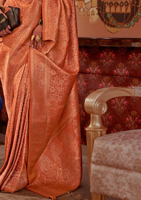 Pure Banarasi Silk Orange Bridal Handloom Sarees Online Shopping India