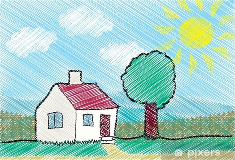 Fotomural Dibujo infantil de una casa un árbol y el sol PIXERS ES