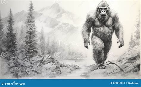 Realism Sketch Of Bigfoot Monochrome Landscape Drawing By Daveb Stock