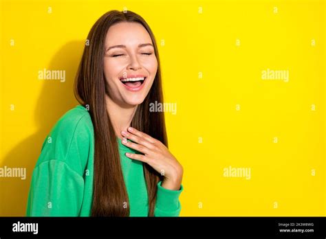 Profile Portrait Of Satisfied Glad Lady Closed Eyes Laughing Empty