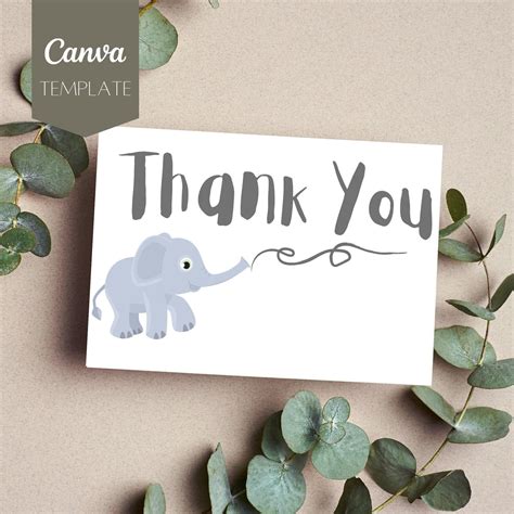 Elephant Thank You Card, Printable Thank You Card, Editable Thank You