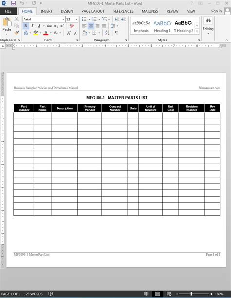 Master Parts List Template Word