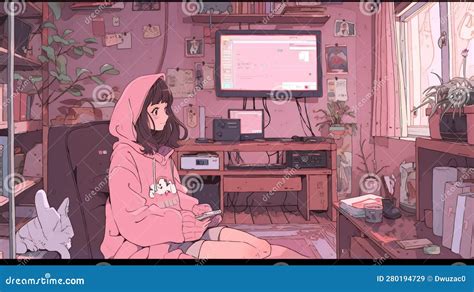 Cute Lofi Girl In A Room Illustration Anime Manga Style Wallpaper