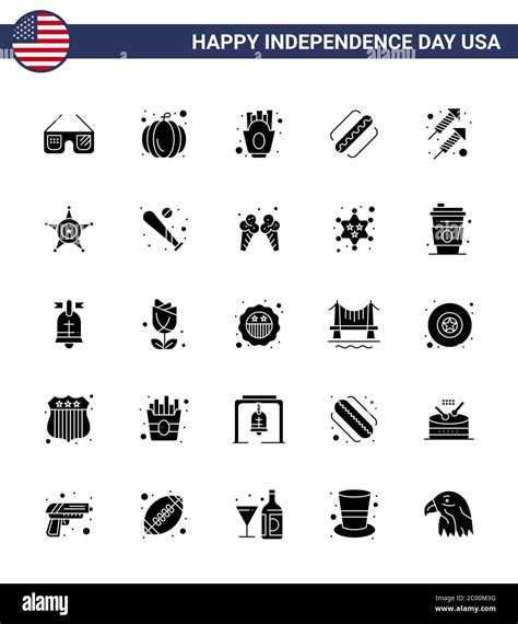 25 Usa Solid Glyph Signs Independence Day Celebration Symbols Of Firework Celebration French