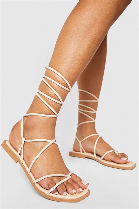 Square Toe Skinny Strappy Tie Up Sandals Boohoo Uk