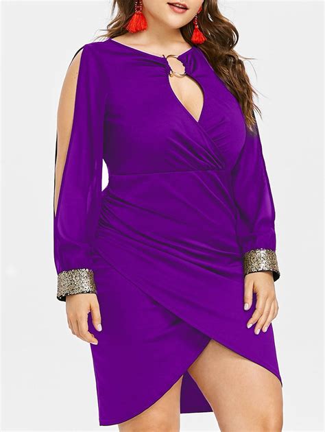 [26 Off] 2020 Slit Sleeve Plus Size Sequin Embellished Bodycon Dress In Purple Flower Dresslily