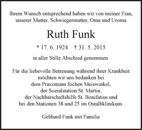 Traueranzeigen Von Ruth Funk OstalbTrauer