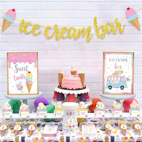 Ice Cream Bar Decorations Kit Gold Glitter Ice Cream Bar Banner Ice