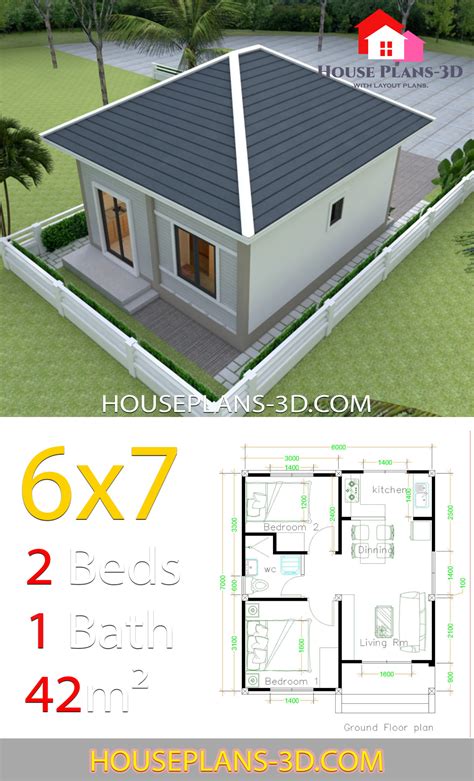 Simple House Plans 6x7 With 2 Bedrooms Hip Roof House Plans 3D