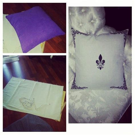 Three Pictures Of Pillows One With A Fleur De Lis Embroidered On It